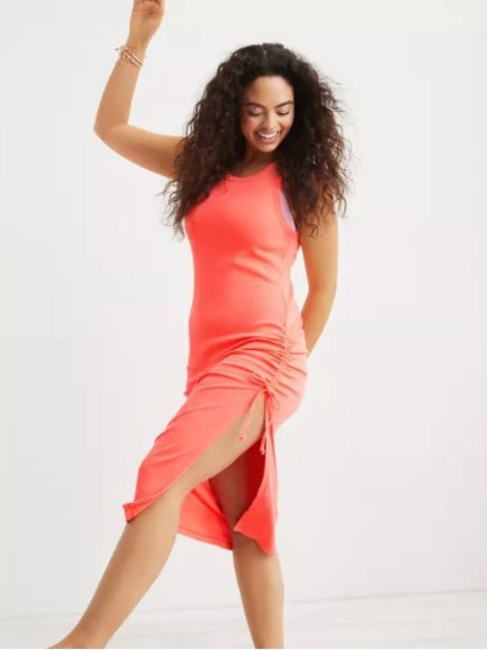 aerie Coral Ruched Side Maxi Dress